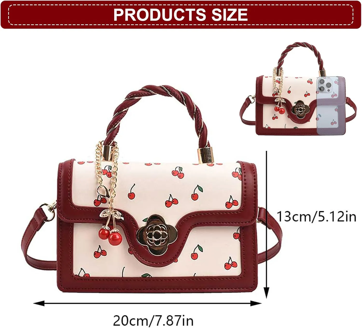 Small Chic Cherry Crossbody Bag for Women - PU Leather Cherry Shoulder Bag with Pendant - Aesthetic Handbag for Everyday Use
