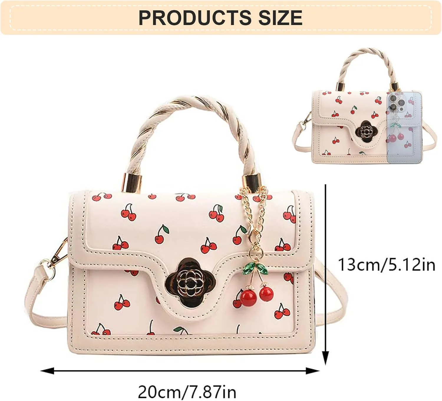 Small Chic Cherry Crossbody Bag for Women - PU Leather Cherry Shoulder Bag with Pendant - Aesthetic Handbag for Everyday Use