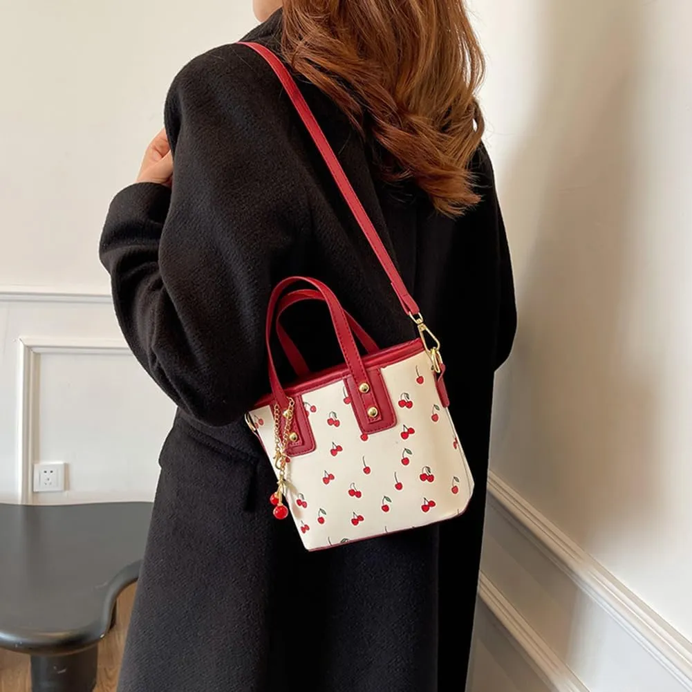 Small Chic Cherry Crossbody Bag for Women - PU Leather Cherry Shoulder Bag with Pendant - Aesthetic Handbag for Everyday Use