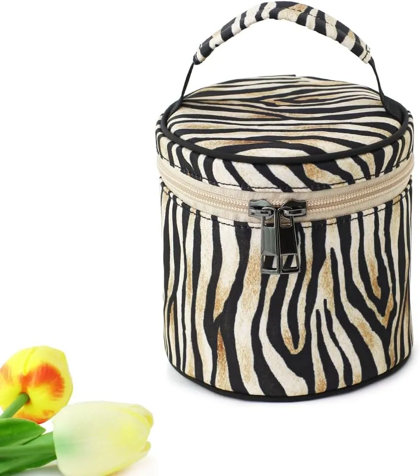 Small Makeup Bag, Portable Cosmetic Pouch for Purse, Water-Resistant Zebra Stripes Cylinder Design with Handle, Boho Travel Toiletry Bag for Women Girls, Original Design Gift