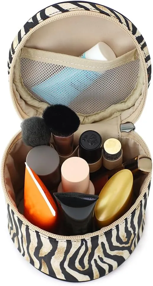 Small Makeup Bag, Portable Cosmetic Pouch for Purse, Water-Resistant Zebra Stripes Cylinder Design with Handle, Boho Travel Toiletry Bag for Women Girls, Original Design Gift
