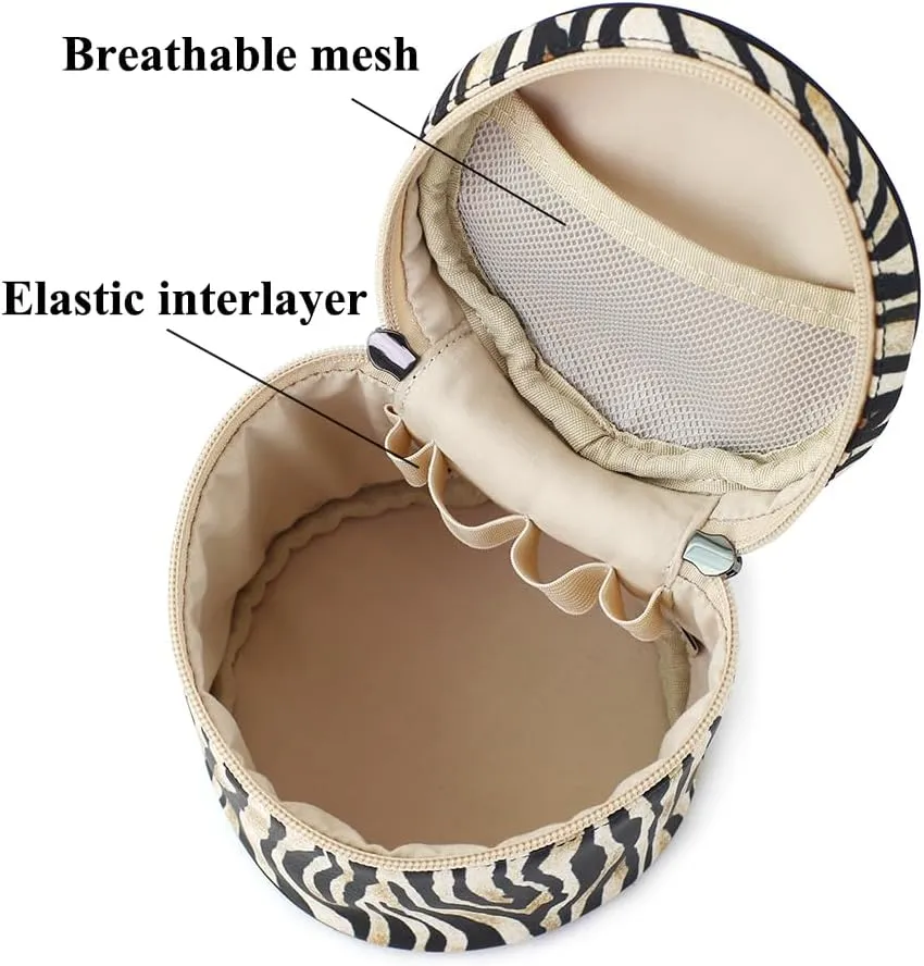 Small Makeup Bag, Portable Cosmetic Pouch for Purse, Water-Resistant Zebra Stripes Cylinder Design with Handle, Boho Travel Toiletry Bag for Women Girls, Original Design Gift