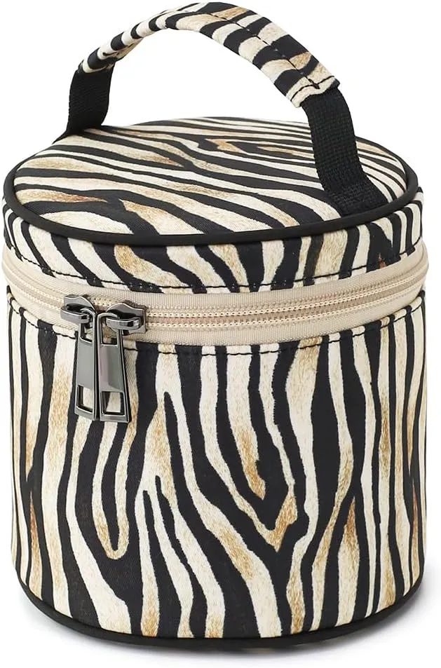 Small Makeup Bag, Portable Cosmetic Pouch for Purse, Water-Resistant Zebra Stripes Cylinder Design with Handle, Boho Travel Toiletry Bag for Women Girls, Original Design Gift