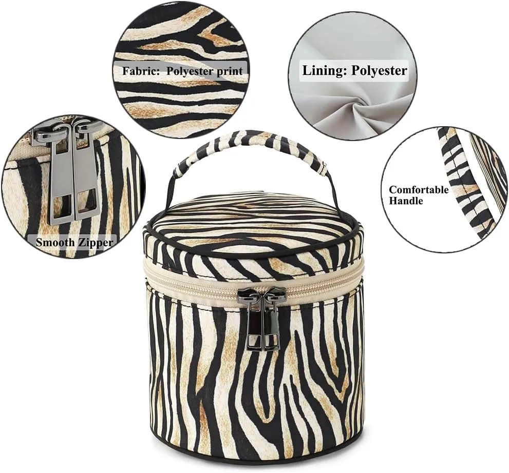 Small Makeup Bag, Portable Cosmetic Pouch for Purse, Water-Resistant Zebra Stripes Cylinder Design with Handle, Boho Travel Toiletry Bag for Women Girls, Original Design Gift