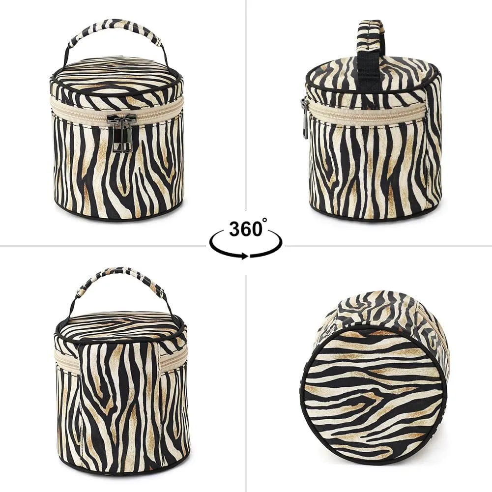 Small Makeup Bag, Portable Cosmetic Pouch for Purse, Water-Resistant Zebra Stripes Cylinder Design with Handle, Boho Travel Toiletry Bag for Women Girls, Original Design Gift