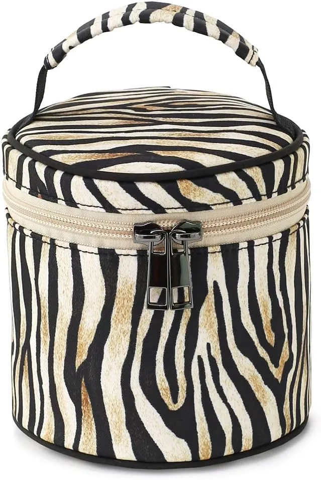 Small Makeup Bag, Portable Cosmetic Pouch for Purse, Water-Resistant Zebra Stripes Cylinder Design with Handle, Boho Travel Toiletry Bag for Women Girls, Original Design Gift