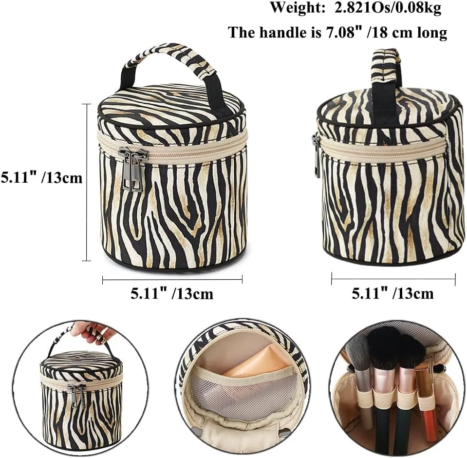 Small Makeup Bag, Portable Cosmetic Pouch for Purse, Water-Resistant Zebra Stripes Cylinder Design with Handle, Boho Travel Toiletry Bag for Women Girls, Original Design Gift