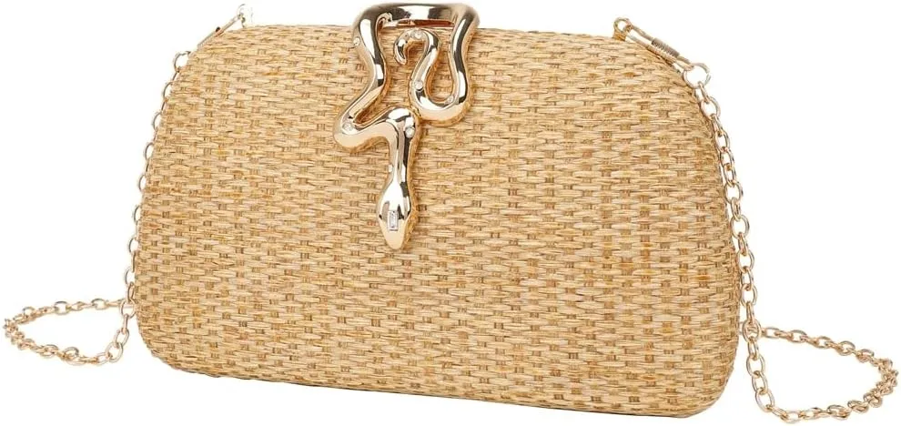 Snake Evening Handbag for Women Summer Party Straw Chain Clutch Bag Classic Beach Shoulder Bag Purse 2025