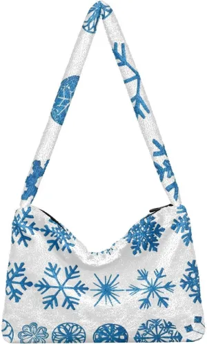 Snowflakes Set Plush Underarm Bag Women's Tote Handbags Fluffy Shoulder Bag for Autumn and Winter