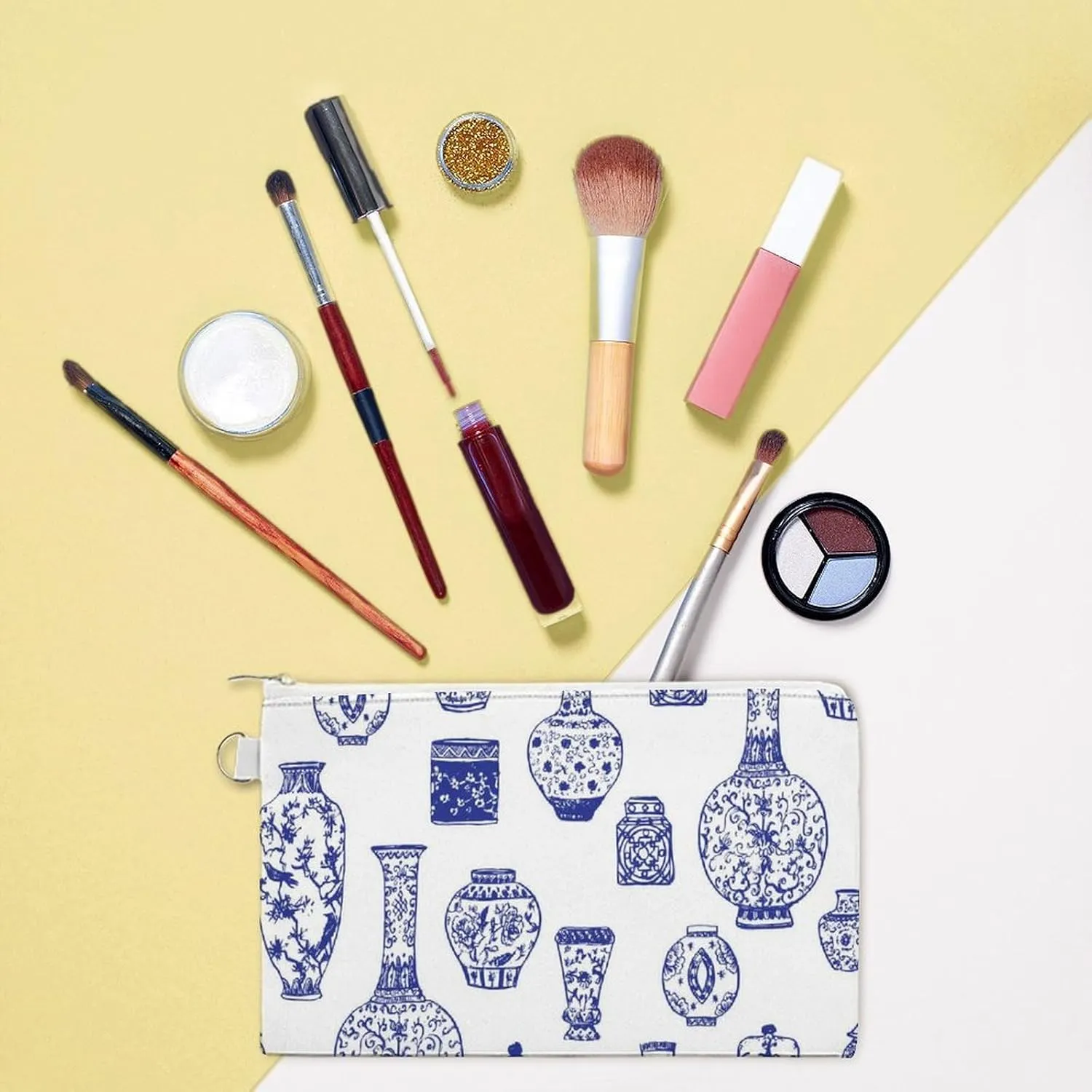Soft Clutch Wallet, Women Handbag Canvas Zipper Makeup Bag Holder Purse for Credit Coin Bills Crash 7.4x4.6 in Print Vintage Blue Ink Chinese Vases in Chinese Style on White