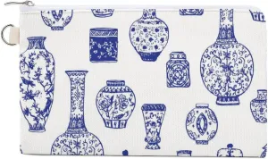 Soft Clutch Wallet, Women Handbag Canvas Zipper Makeup Bag Holder Purse for Credit Coin Bills Crash 7.4x4.6 in Print Vintage Blue Ink Chinese Vases in Chinese Style on White