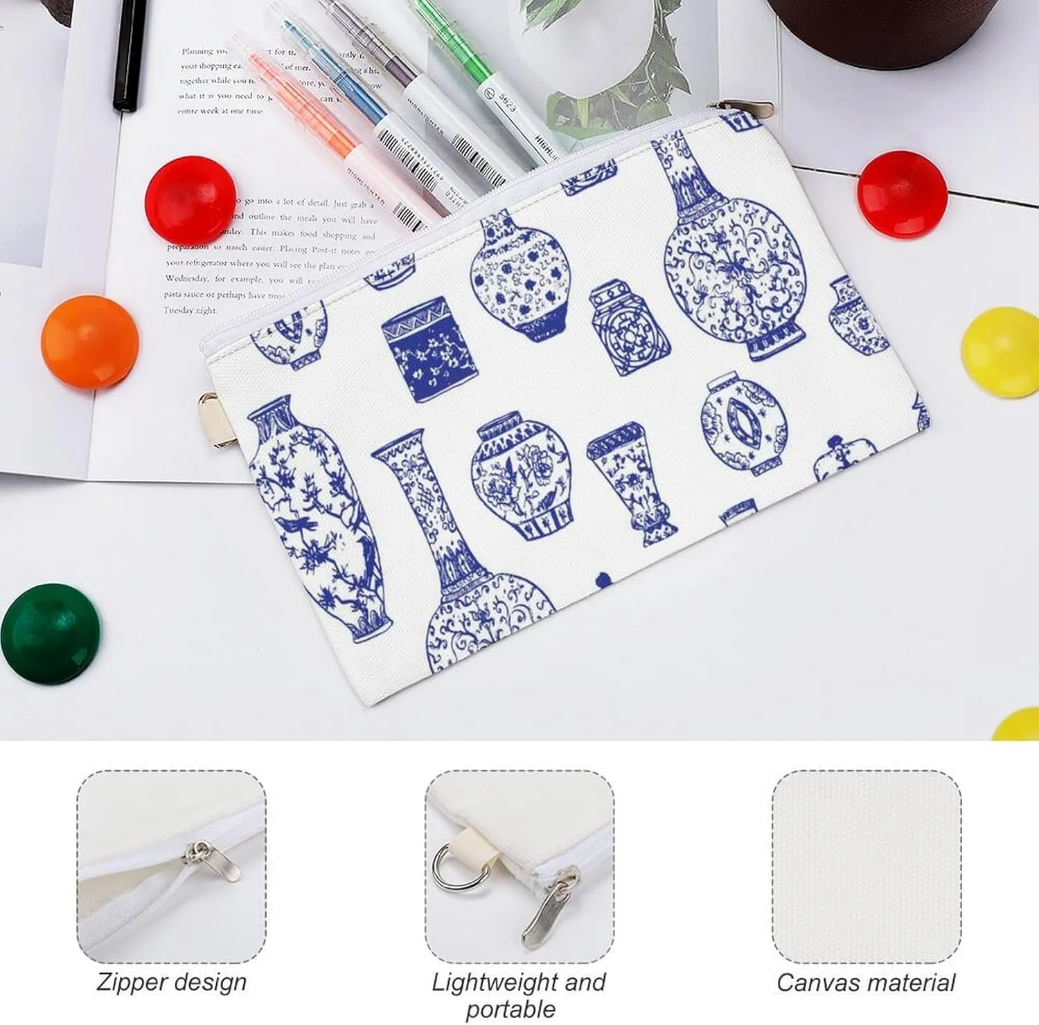 Soft Clutch Wallet, Women Handbag Canvas Zipper Makeup Bag Holder Purse for Credit Coin Bills Crash 7.4x4.6 in Print Vintage Blue Ink Chinese Vases in Chinese Style on White