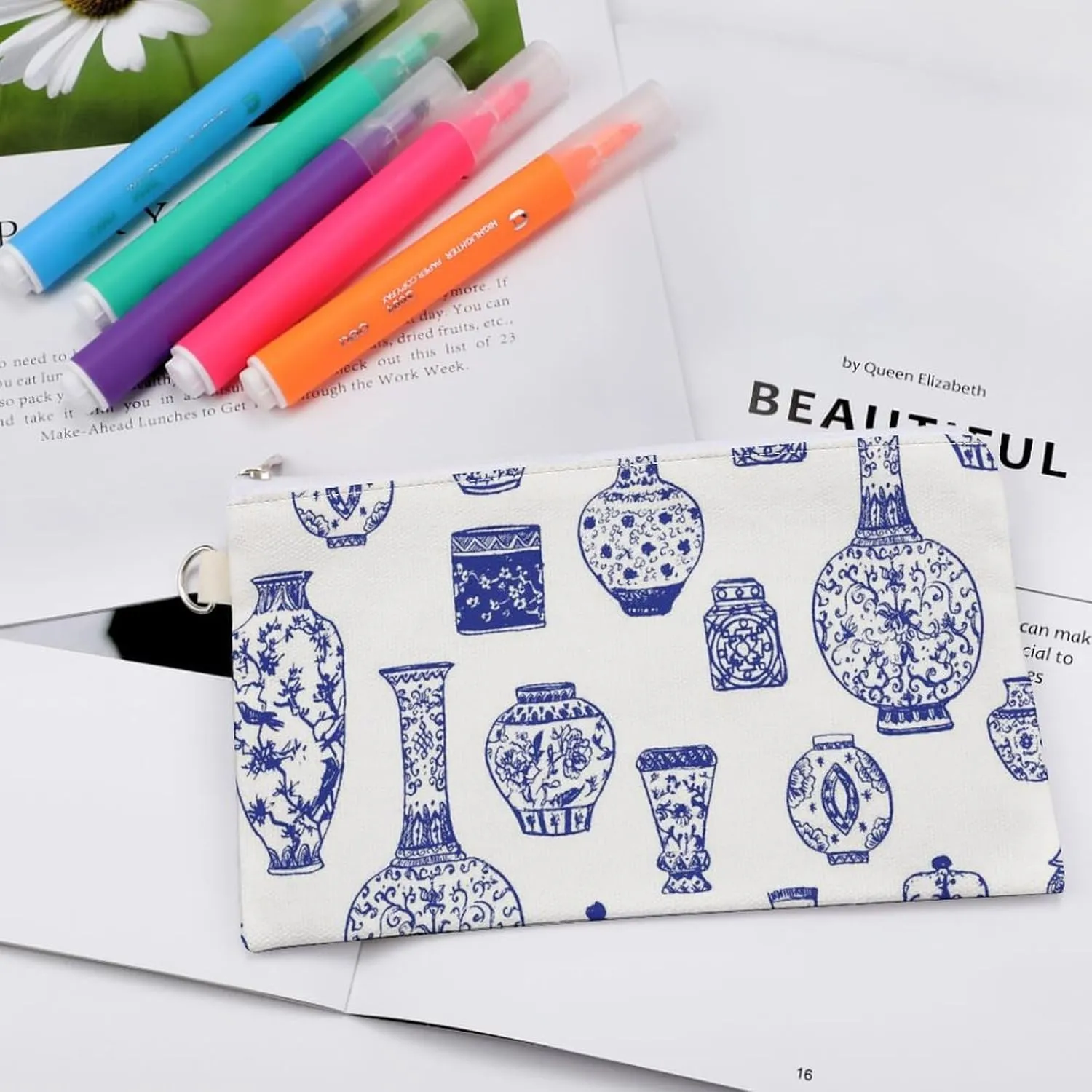 Soft Clutch Wallet, Women Handbag Canvas Zipper Makeup Bag Holder Purse for Credit Coin Bills Crash 7.4x4.6 in Print Vintage Blue Ink Chinese Vases in Chinese Style on White