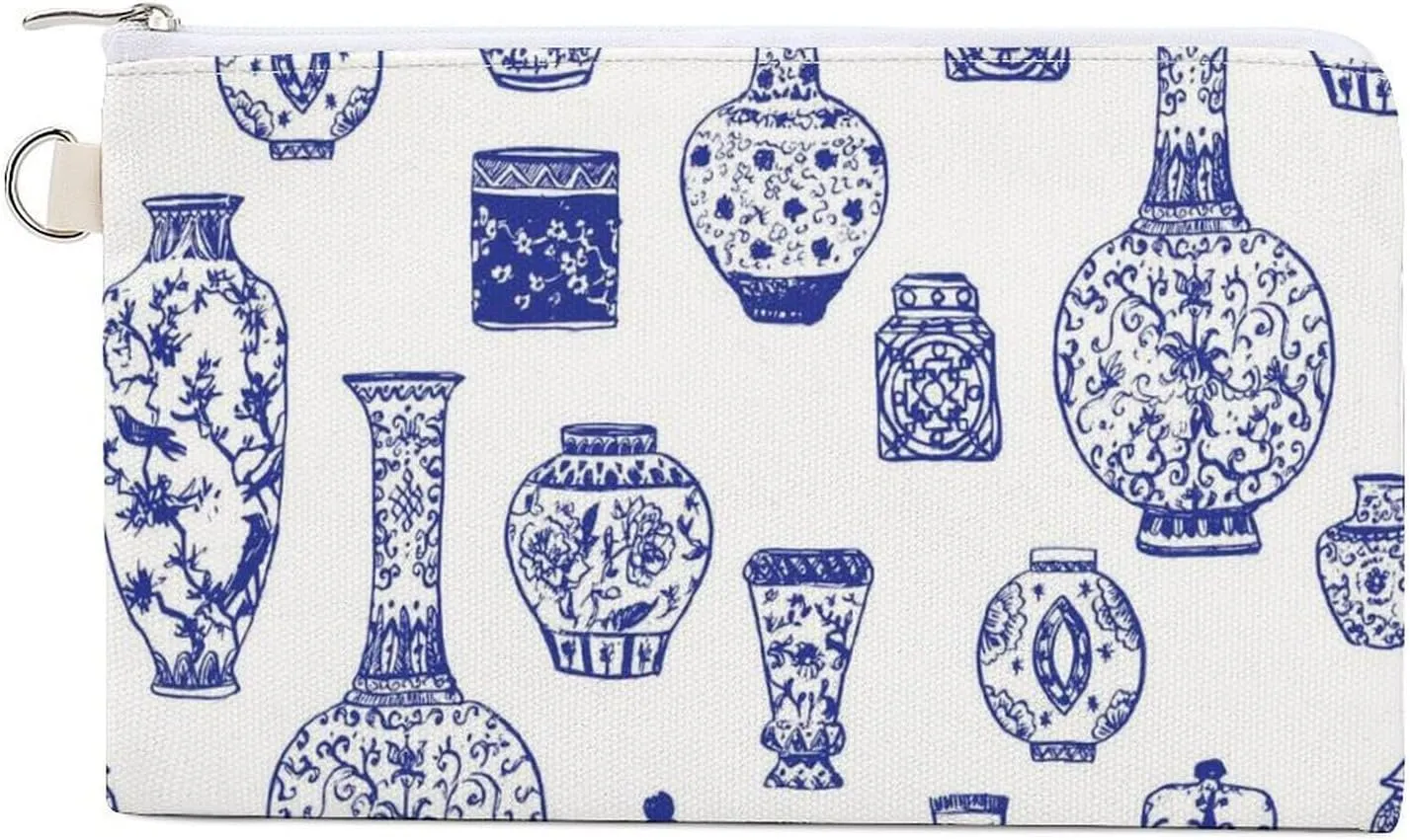 Soft Clutch Wallet, Women Handbag Canvas Zipper Makeup Bag Holder Purse for Credit Coin Bills Crash 7.4x4.6 in Print Vintage Blue Ink Chinese Vases in Chinese Style on White