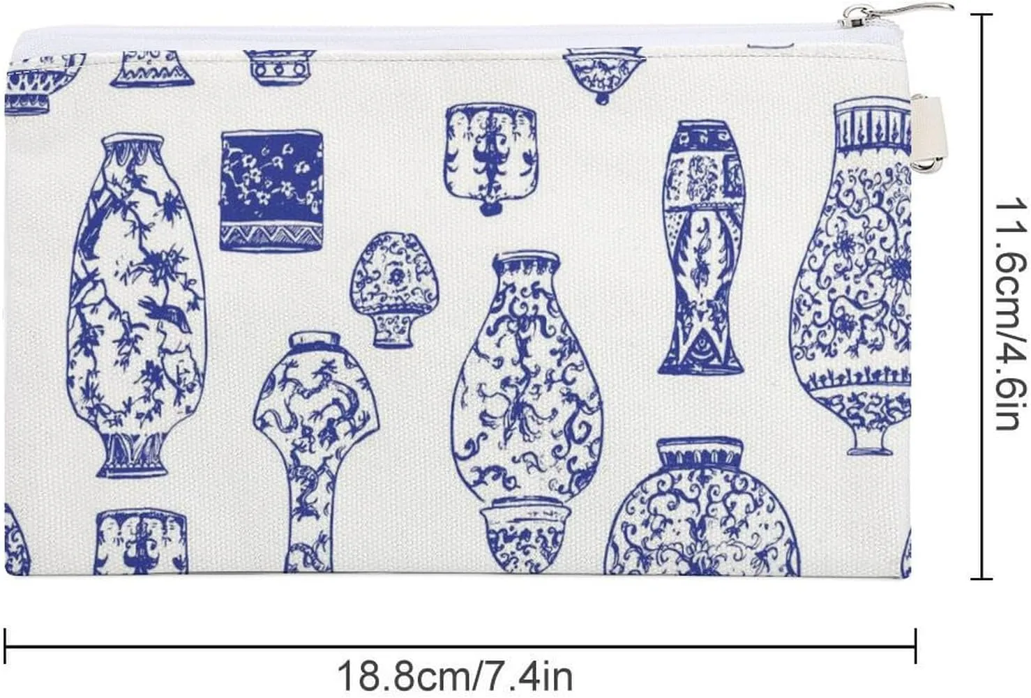 Soft Clutch Wallet, Women Handbag Canvas Zipper Makeup Bag Holder Purse for Credit Coin Bills Crash 7.4x4.6 in Print Vintage Blue Ink Chinese Vases in Chinese Style on White