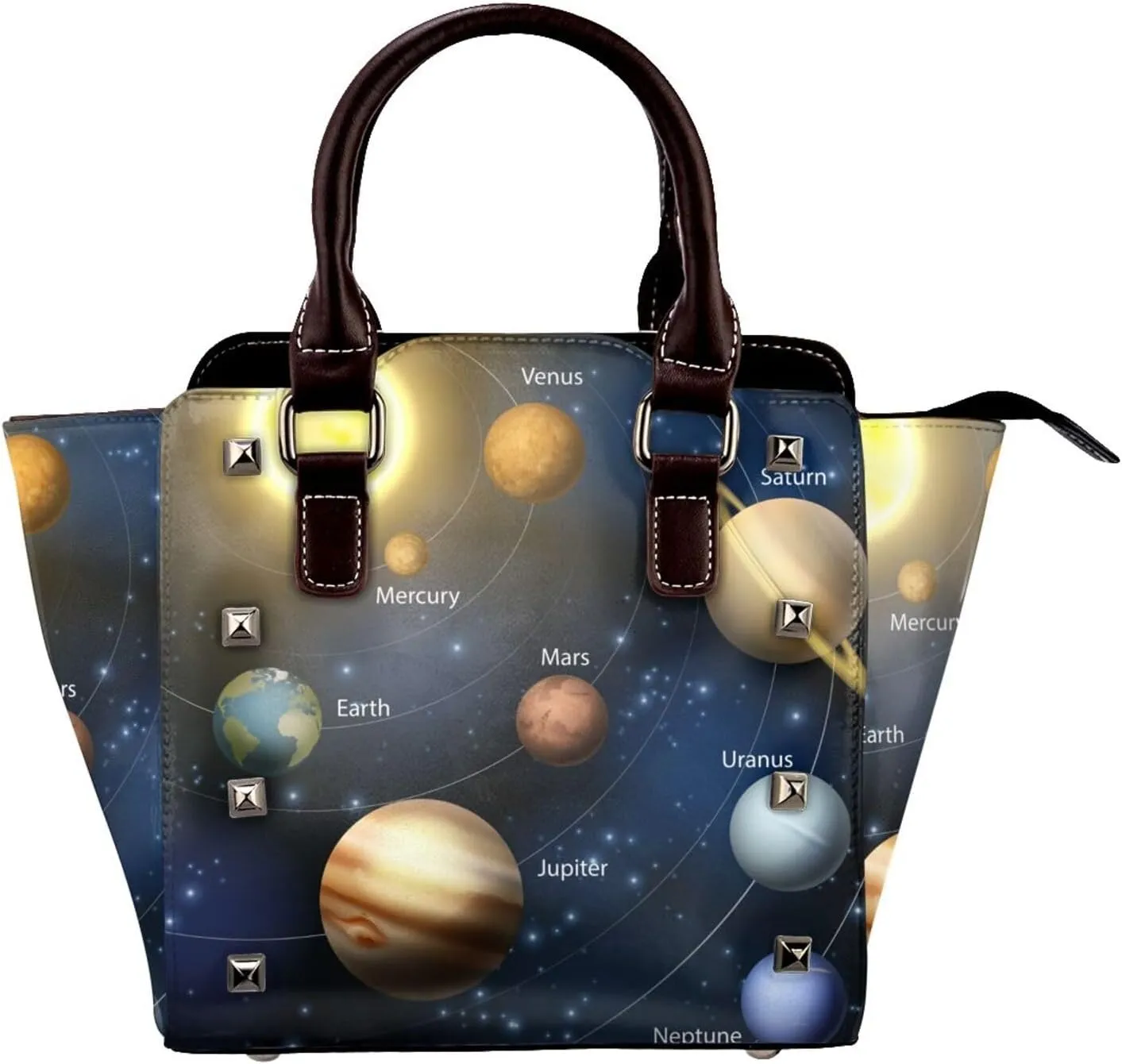 Solar System Sun Planets Orbit Women Leather Rivet Shoulder Bag Fashion Mini Handbags Satchel Purse Crossbody Bag