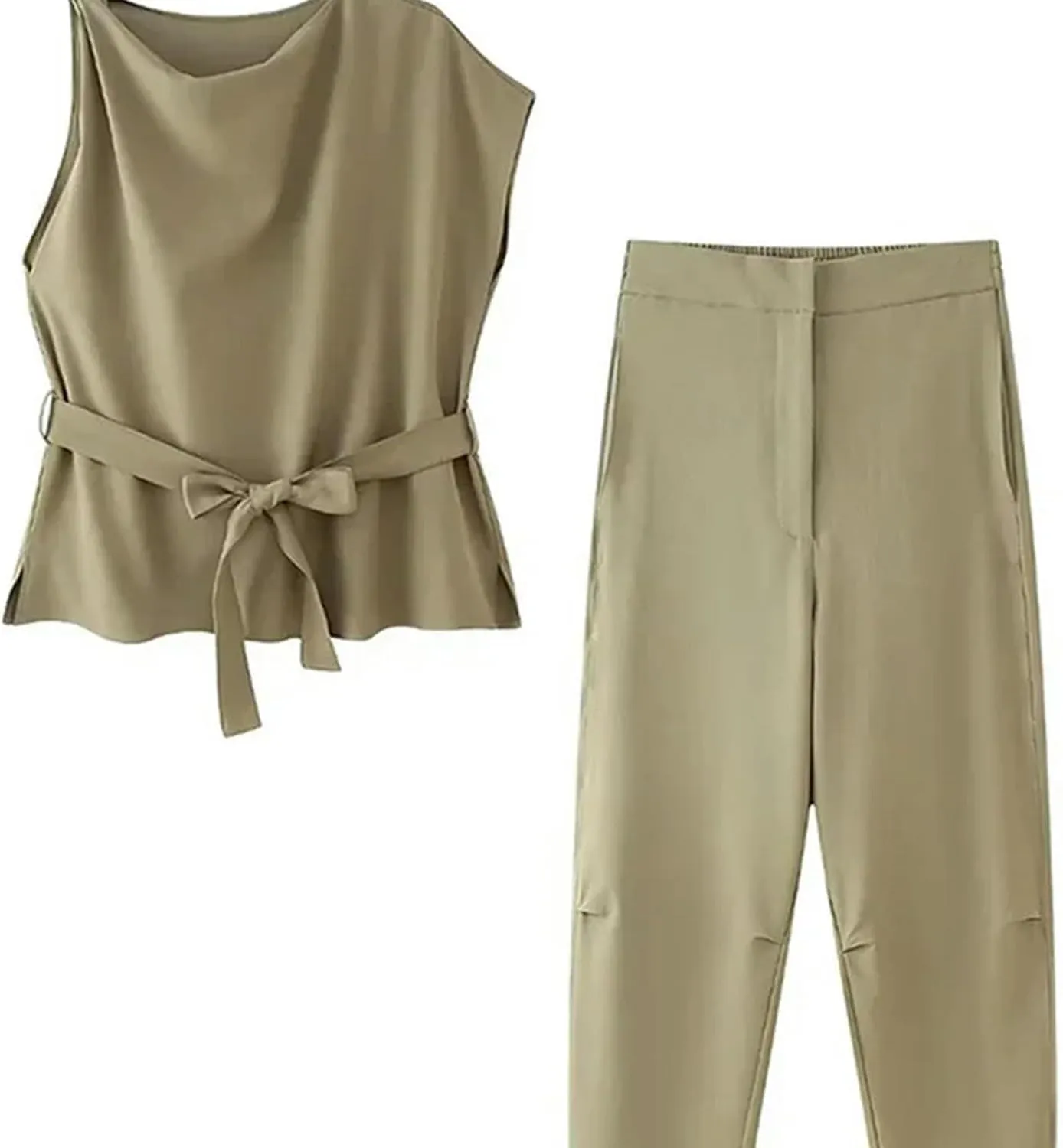 Solid Belt Top Pants Women Set Asymmetrical Sleeveless T-Shirt Loose Pocket Empire Trouser Casual Lady Outfit