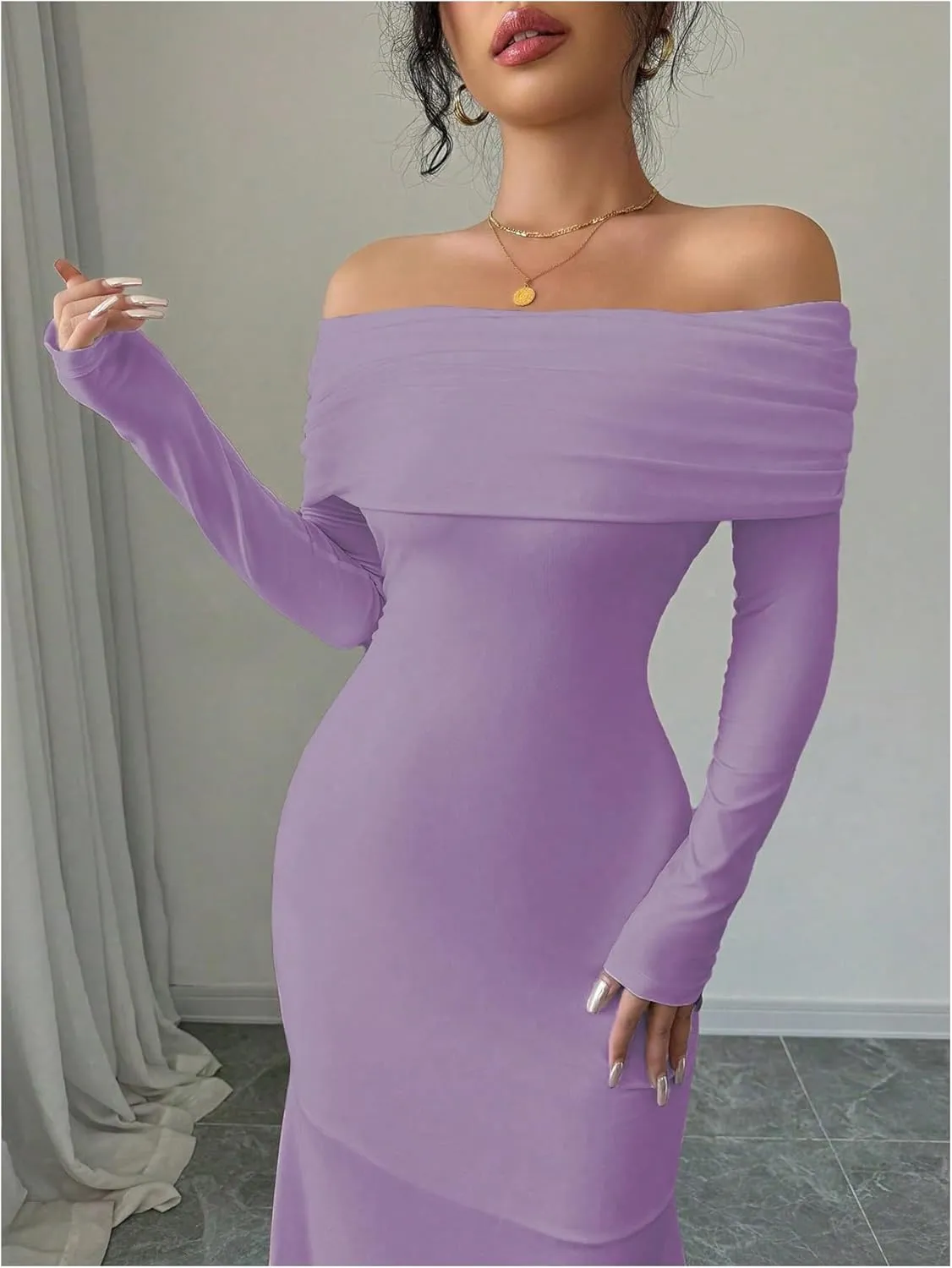 SOLY HUX Women's Long Sleeve Off The Shoulder Bodycon Dress Elegant Maxi Dress Cocktail Prom Dresses