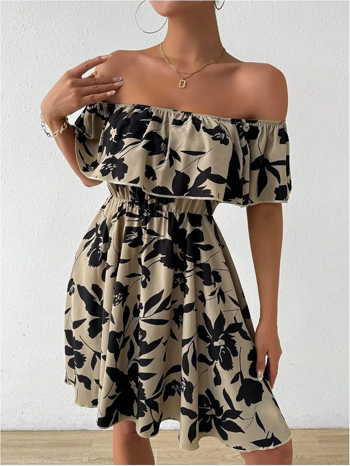 SOLY HUX Women's Off The Shoulder Floral Summer Dresses Short Sleeve Ruffle A Line Flowy Short Dress