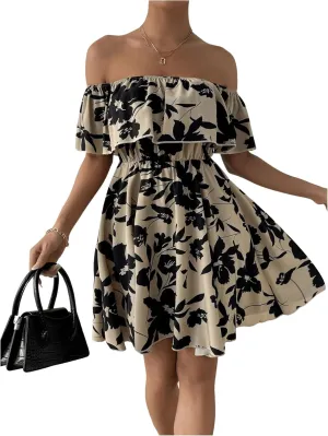 SOLY HUX Women's Off The Shoulder Floral Summer Dresses Short Sleeve Ruffle A Line Flowy Short Dress