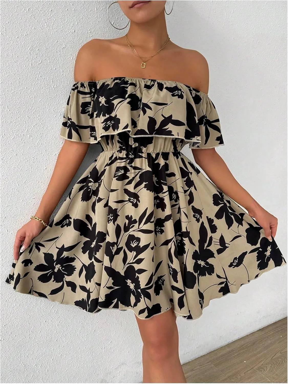 SOLY HUX Women's Off The Shoulder Floral Summer Dresses Short Sleeve Ruffle A Line Flowy Short Dress