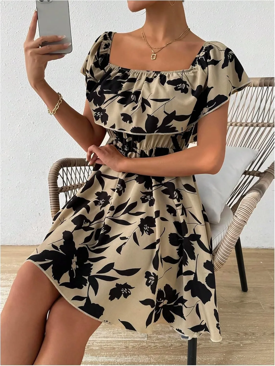 SOLY HUX Women's Off The Shoulder Floral Summer Dresses Short Sleeve Ruffle A Line Flowy Short Dress