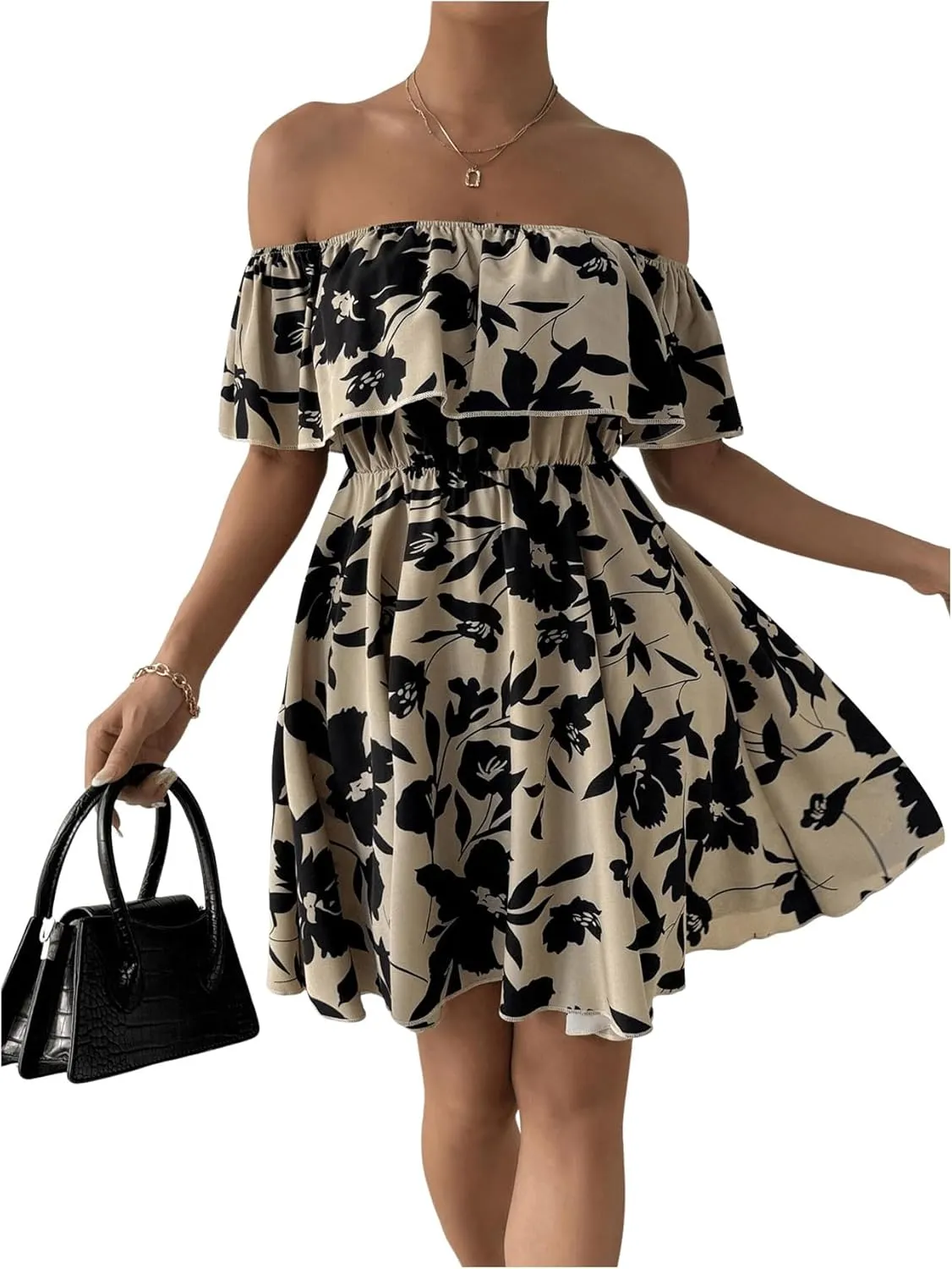 SOLY HUX Women's Off The Shoulder Floral Summer Dresses Short Sleeve Ruffle A Line Flowy Short Dress