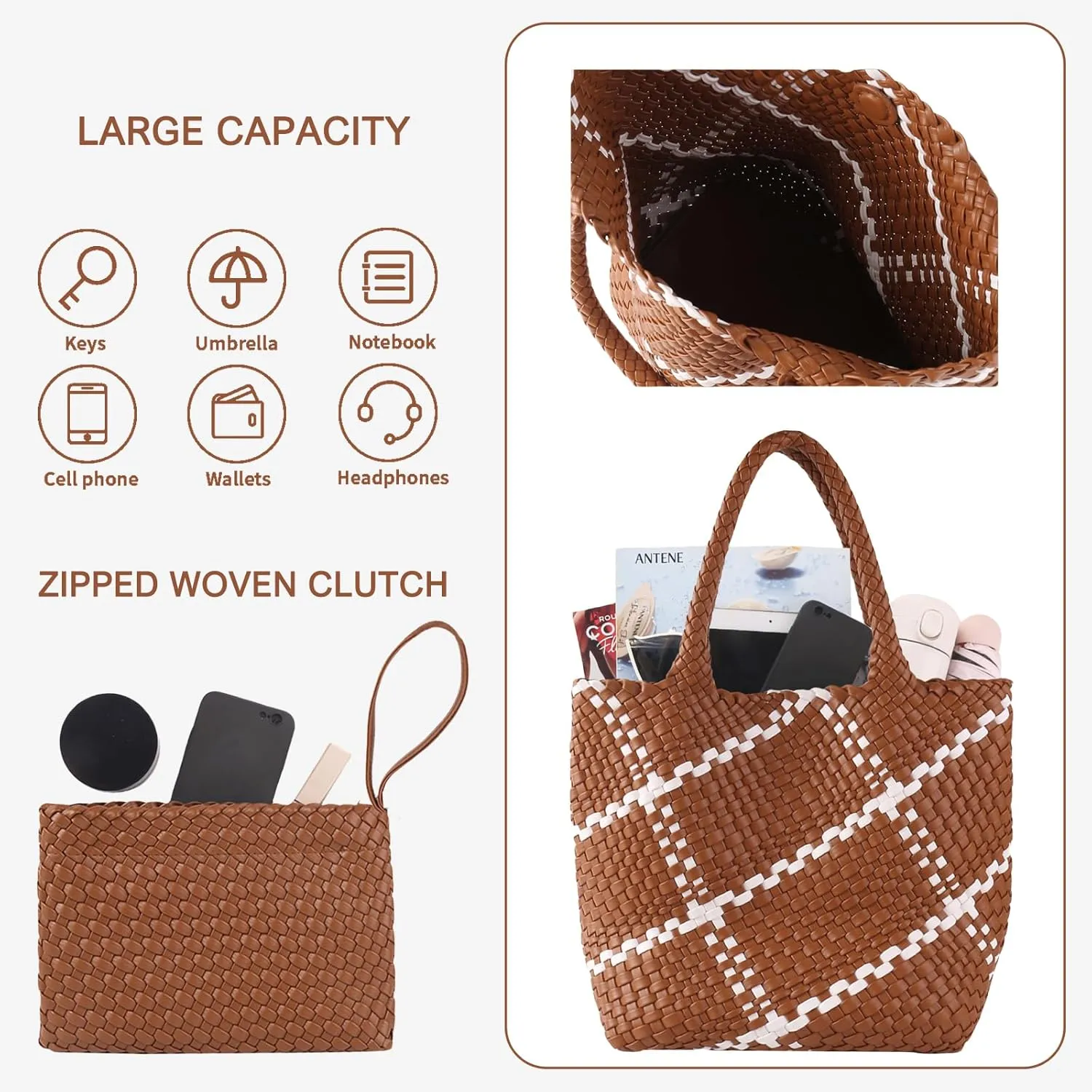 SporGenius Woven Tote Beach Bag with Small Handmade Purse, Large Summer Travel Handbags and Purses