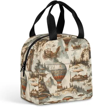 Steampunk Airships Air Balloons Funny Reusable Lunch Bag Insulated Tote Box Cooler Food Handbags Case For Women Men 8.5 X 8 X 5 Inches