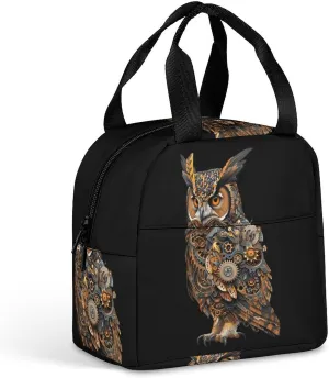 Steampunk Owl Funny Reusable Lunch Bag Insulated Tote Box Cooler Food Handbags Case For Women Men 8.5 X 8 X 5 Inches