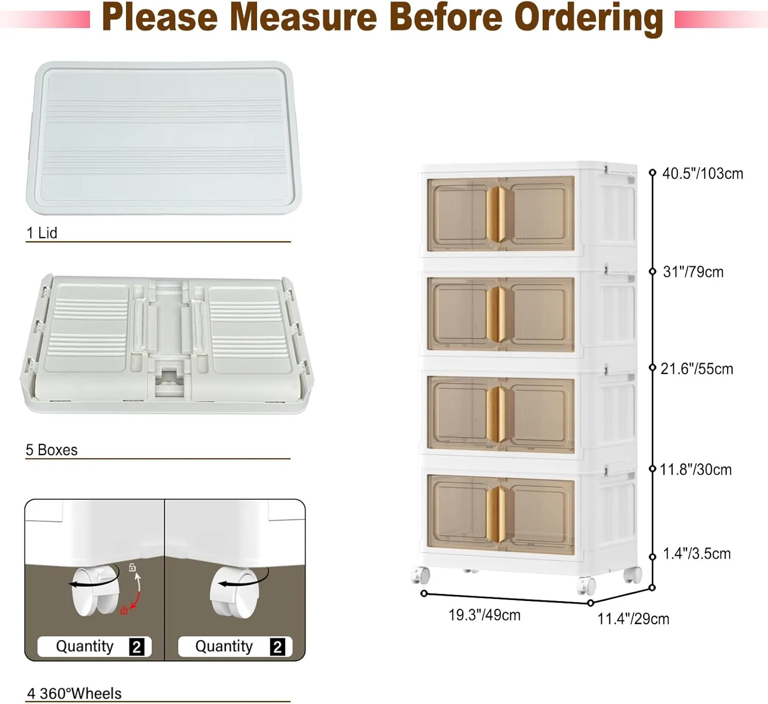 Storage Bins with Lids - 4-Tier Closet Organizer Stackable Bathroom & Bedroom Boxes, Space-Saving Water-Resistant Storage Box with Handles & Wheels for Toilet, Dorm, Home Organization