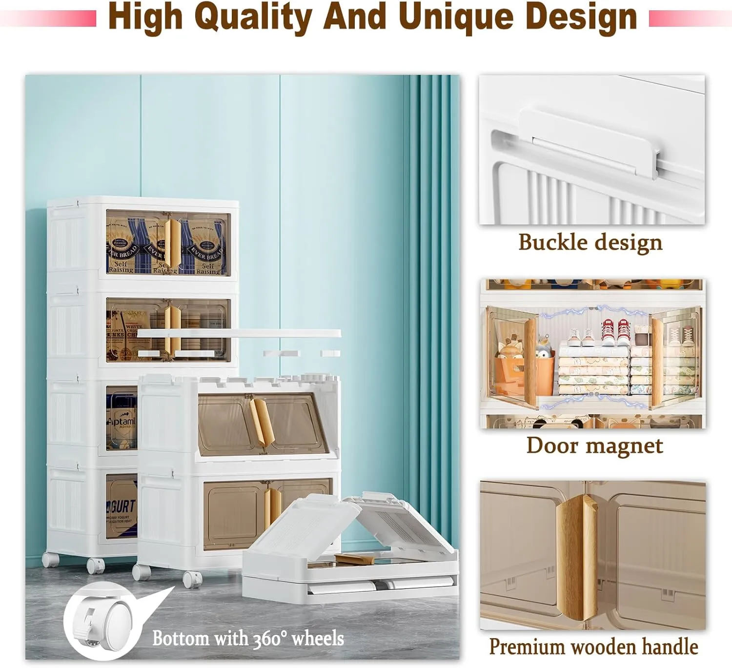 Storage Bins with Lids - 4-Tier Closet Organizer Stackable Bathroom & Bedroom Boxes, Space-Saving Water-Resistant Storage Box with Handles & Wheels for Toilet, Dorm, Home Organization