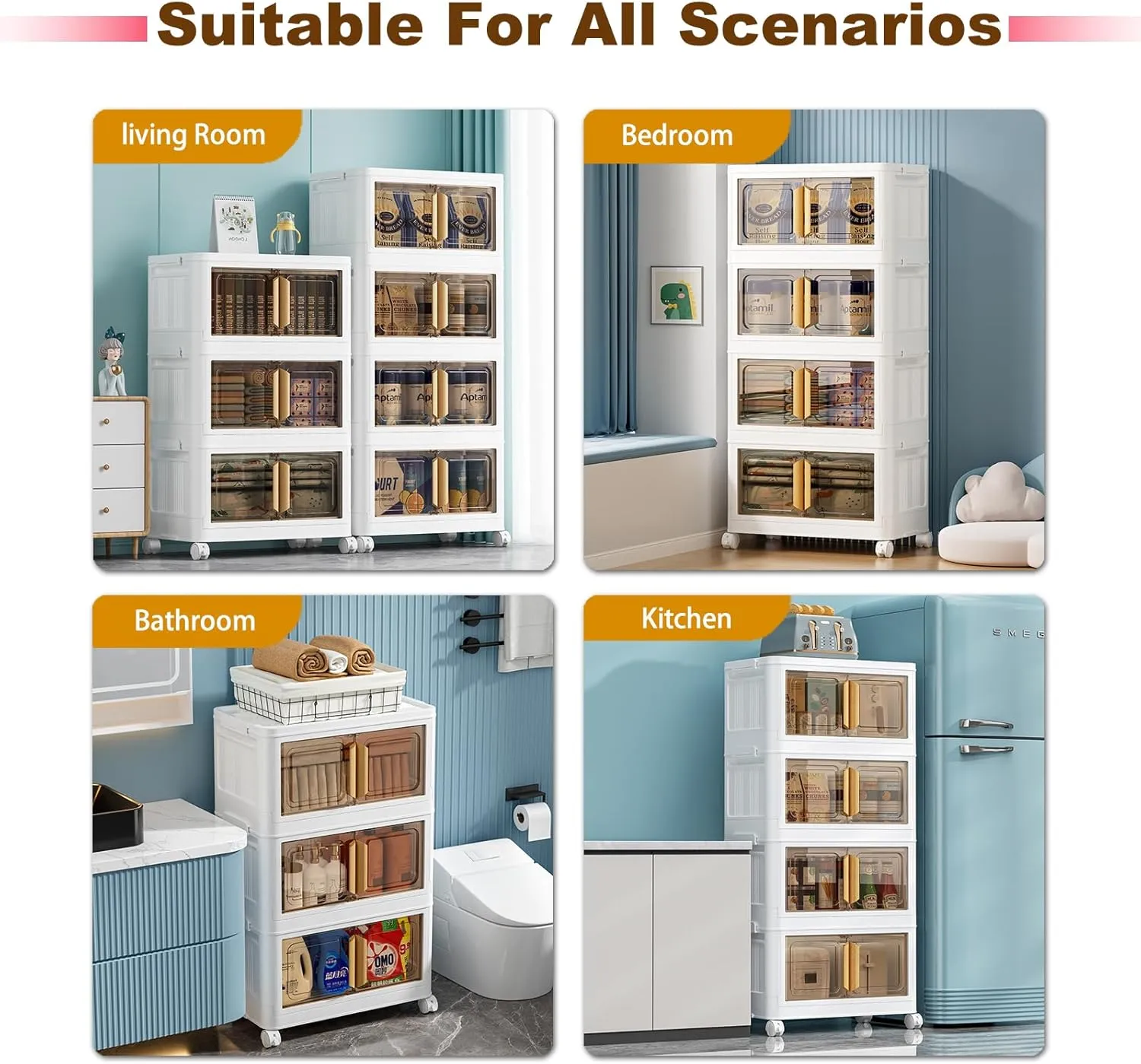 Storage Bins with Lids - 4-Tier Closet Organizer Stackable Bathroom & Bedroom Boxes, Space-Saving Water-Resistant Storage Box with Handles & Wheels for Toilet, Dorm, Home Organization
