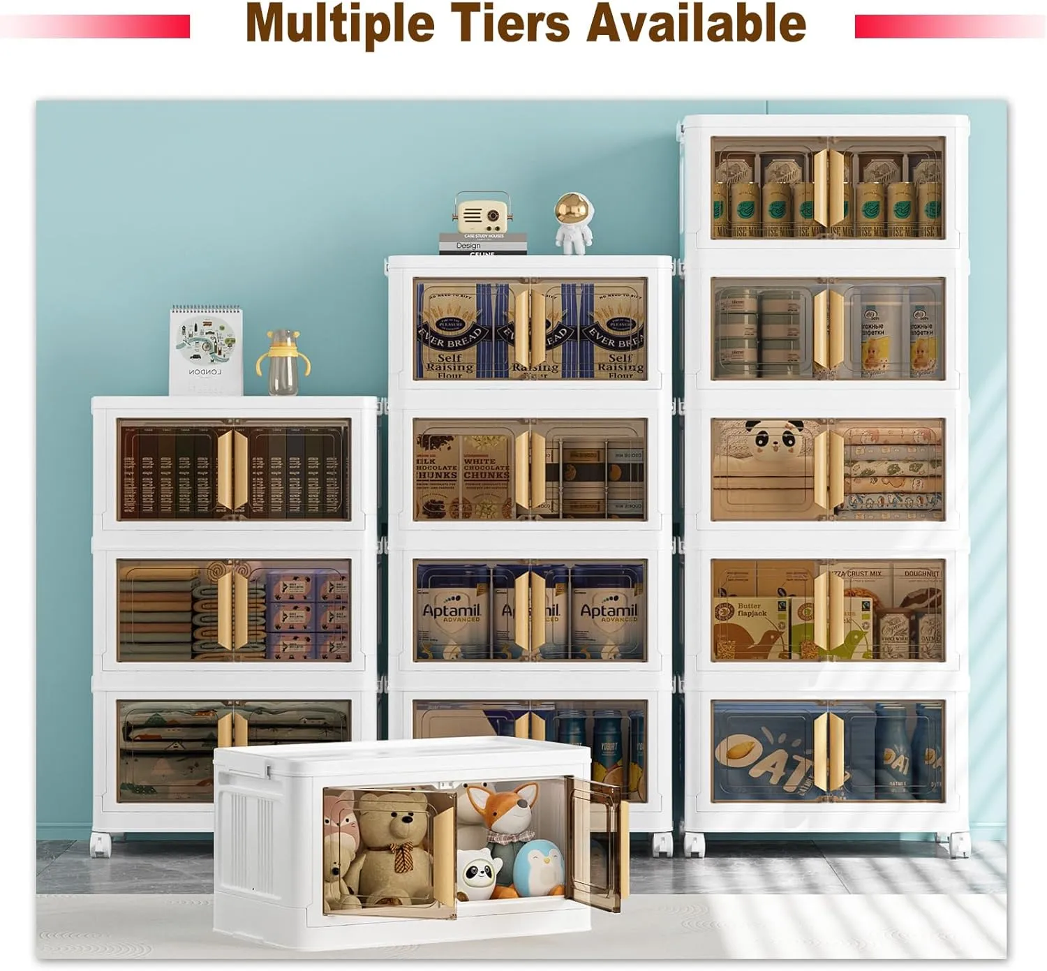 Storage Bins with Lids - 4-Tier Closet Organizer Stackable Bathroom & Bedroom Boxes, Space-Saving Water-Resistant Storage Box with Handles & Wheels for Toilet, Dorm, Home Organization