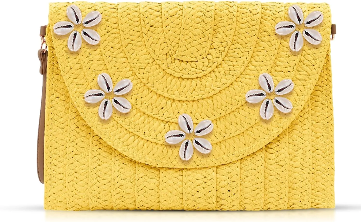 Straw Crossbody Bag for Women, Clutch Purses, Shell Embellishment Straw Bag, Bohemian Handmade Woven Handbags, Summer Beach Bag Envelope Wallet (Yellow)