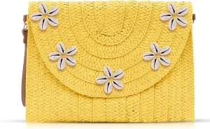 Straw Crossbody Bag for Women, Clutch Purses, Shell Embellishment Straw Bag, Bohemian Handmade Woven Handbags, Summer Beach Bag Envelope Wallet (Yellow)