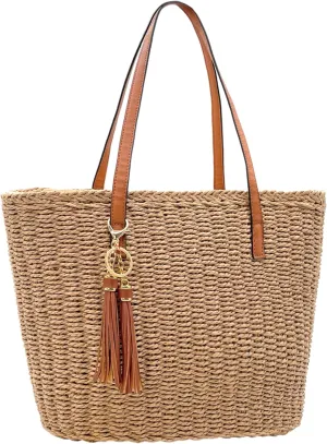 Straw Tote Bag for Women Beach Woven Shoulder Handbags for Summer Travel vacation with Tassel