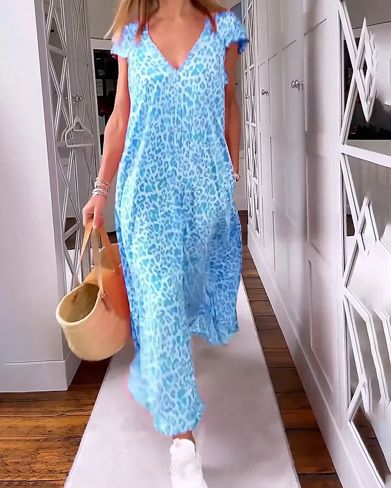 ⭐Summer Biggest Sale⭐ Long V-neck dress with short sleeves
