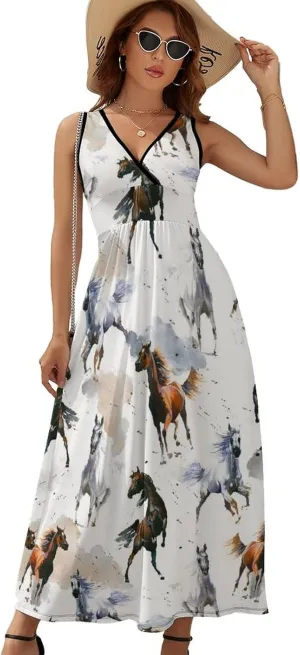Sundresses for Women Summer Long Dress Sexy V Neck Casual Dress Beach Maxi Dress Flowy Loose Sleeveless Dress