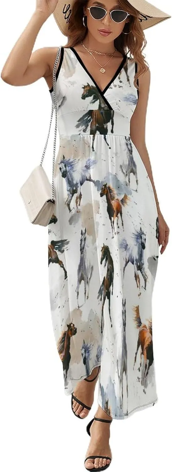 Sundresses for Women Summer Long Dress Sexy V Neck Casual Dress Beach Maxi Dress Flowy Loose Sleeveless Dress