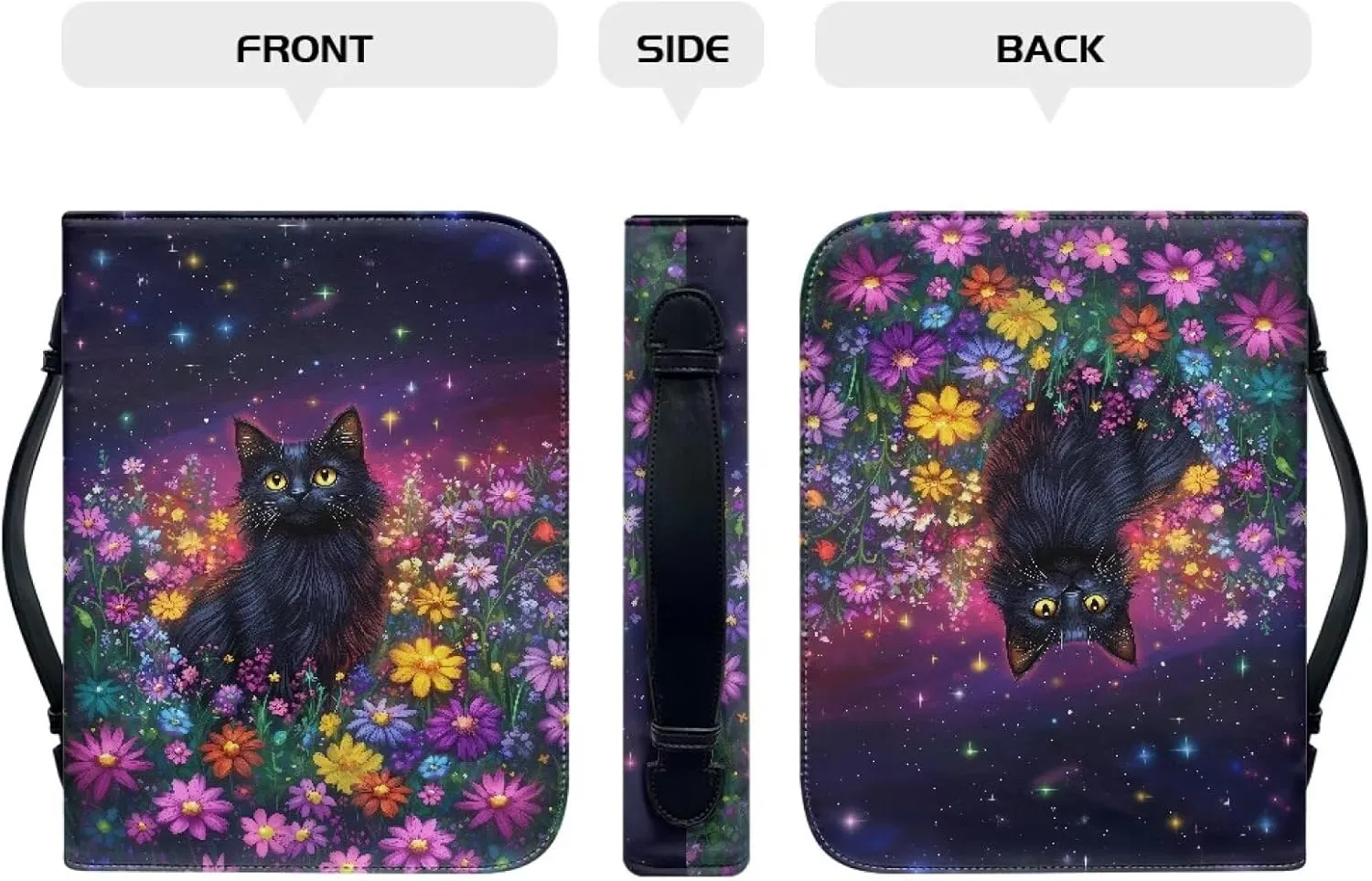 Suobstales Galaxy Cat Daisy Print Bible Cover for Women Men PU Leather Makeup Organizer Expand Brief Case Journal Case Christian Purses Handbags, XL