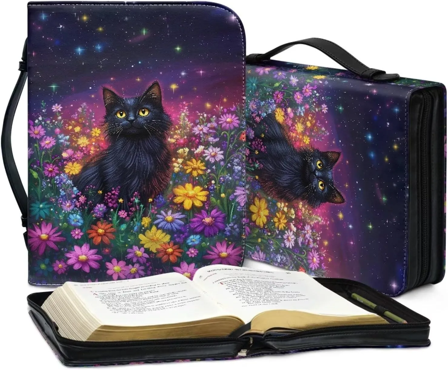 Suobstales Galaxy Cat Daisy Print Bible Cover for Women Men PU Leather Makeup Organizer Expand Brief Case Journal Case Christian Purses Handbags, XL
