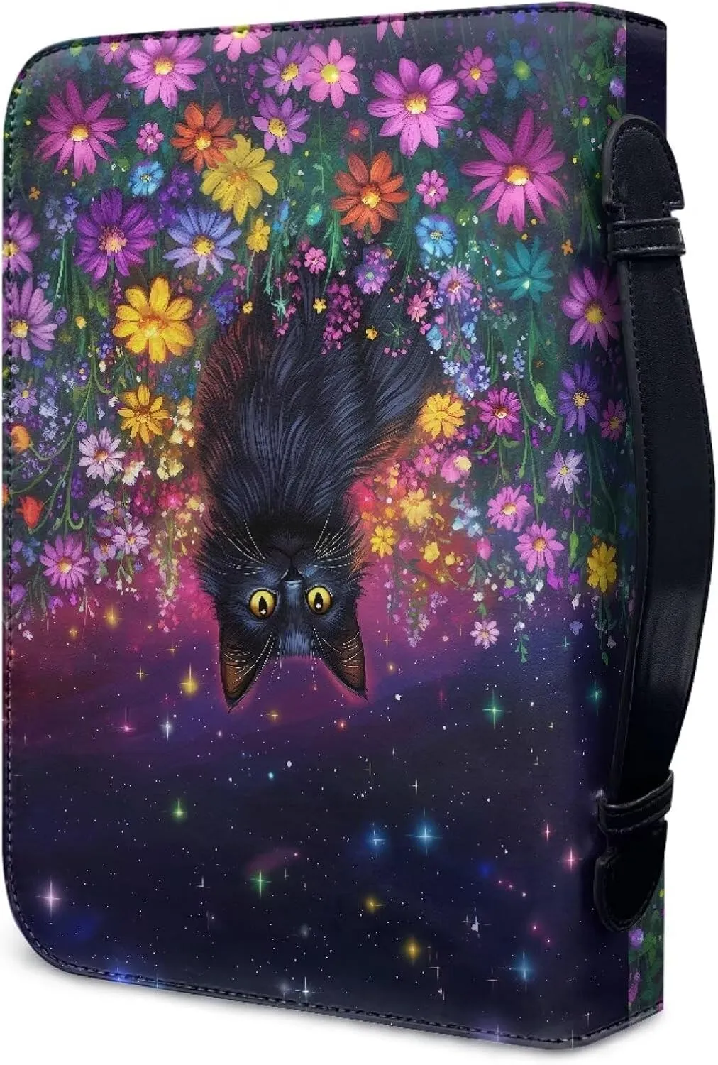 Suobstales Galaxy Cat Daisy Print Bible Cover for Women Men PU Leather Makeup Organizer Expand Brief Case Journal Case Christian Purses Handbags, XL