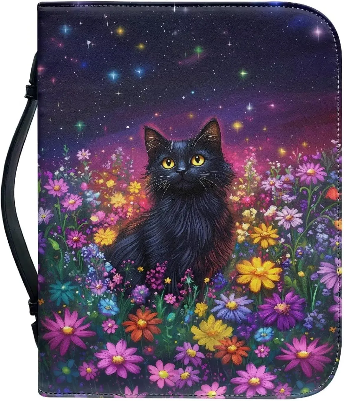 Suobstales Galaxy Cat Daisy Print Bible Cover for Women Men PU Leather Makeup Organizer Expand Brief Case Journal Case Christian Purses Handbags, XL