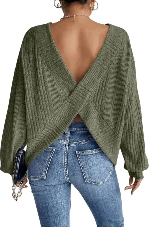 SweatyRocks Women's Criss Cross Round Neck Pullover Sweaters Long Sleeve Loose Cut Out Back Knit Tee Tops Backless Shirts