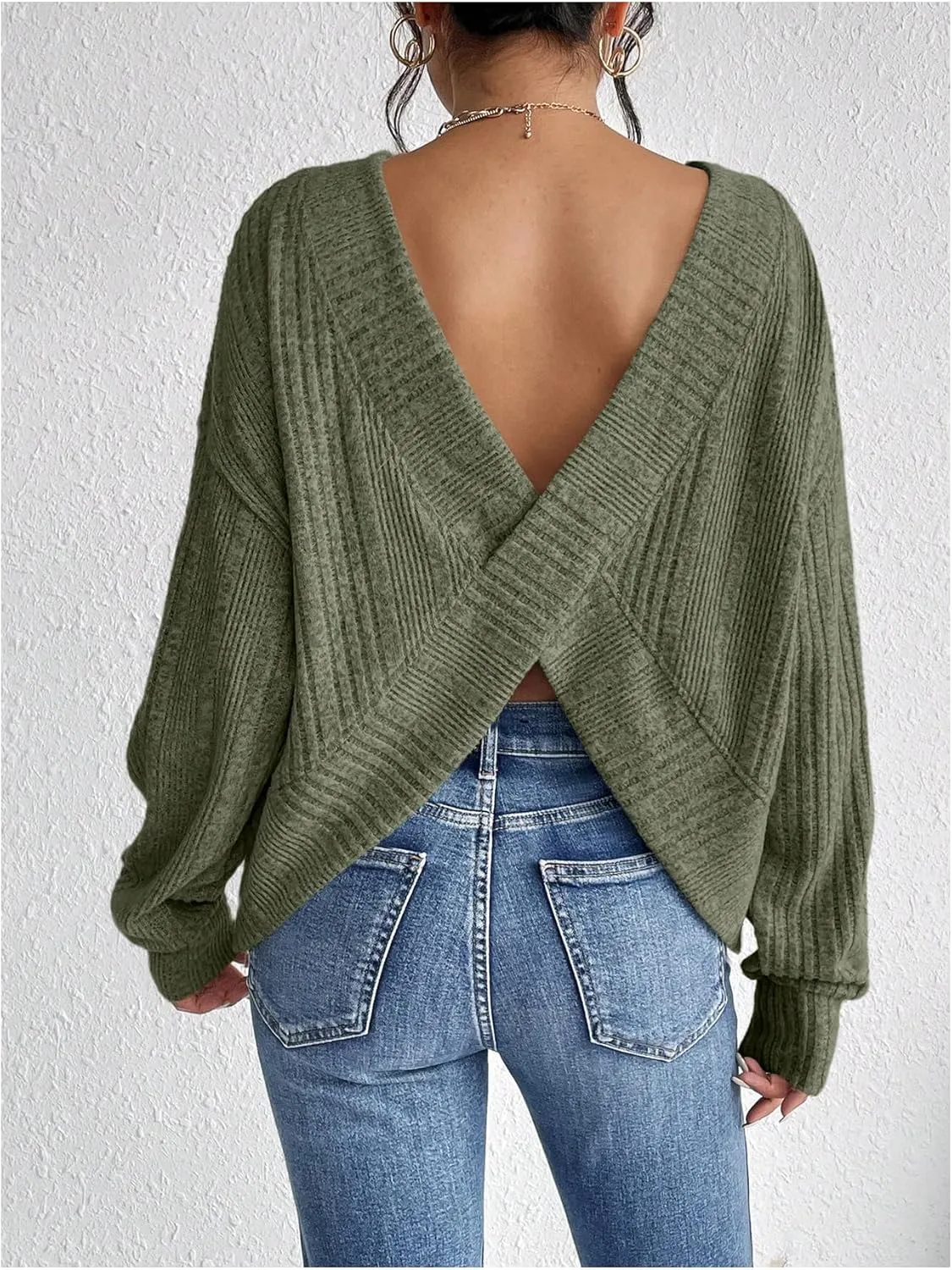SweatyRocks Women's Criss Cross Round Neck Pullover Sweaters Long Sleeve Loose Cut Out Back Knit Tee Tops Backless Shirts