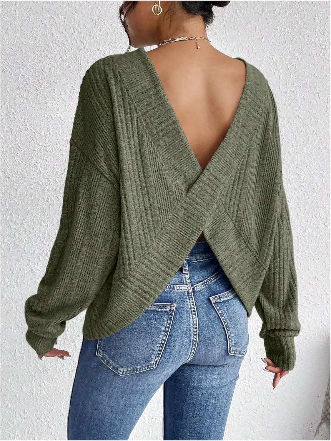 SweatyRocks Women's Criss Cross Round Neck Pullover Sweaters Long Sleeve Loose Cut Out Back Knit Tee Tops Backless Shirts