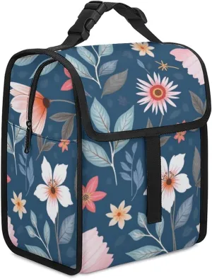 SWEET TANG Lunch Tote with Buckle - Insulated Reusable Work Office Bento Handbags Compatible with Floral Sweet Bouquets In Navy for Adults Men Women Leak-Proof Thermal