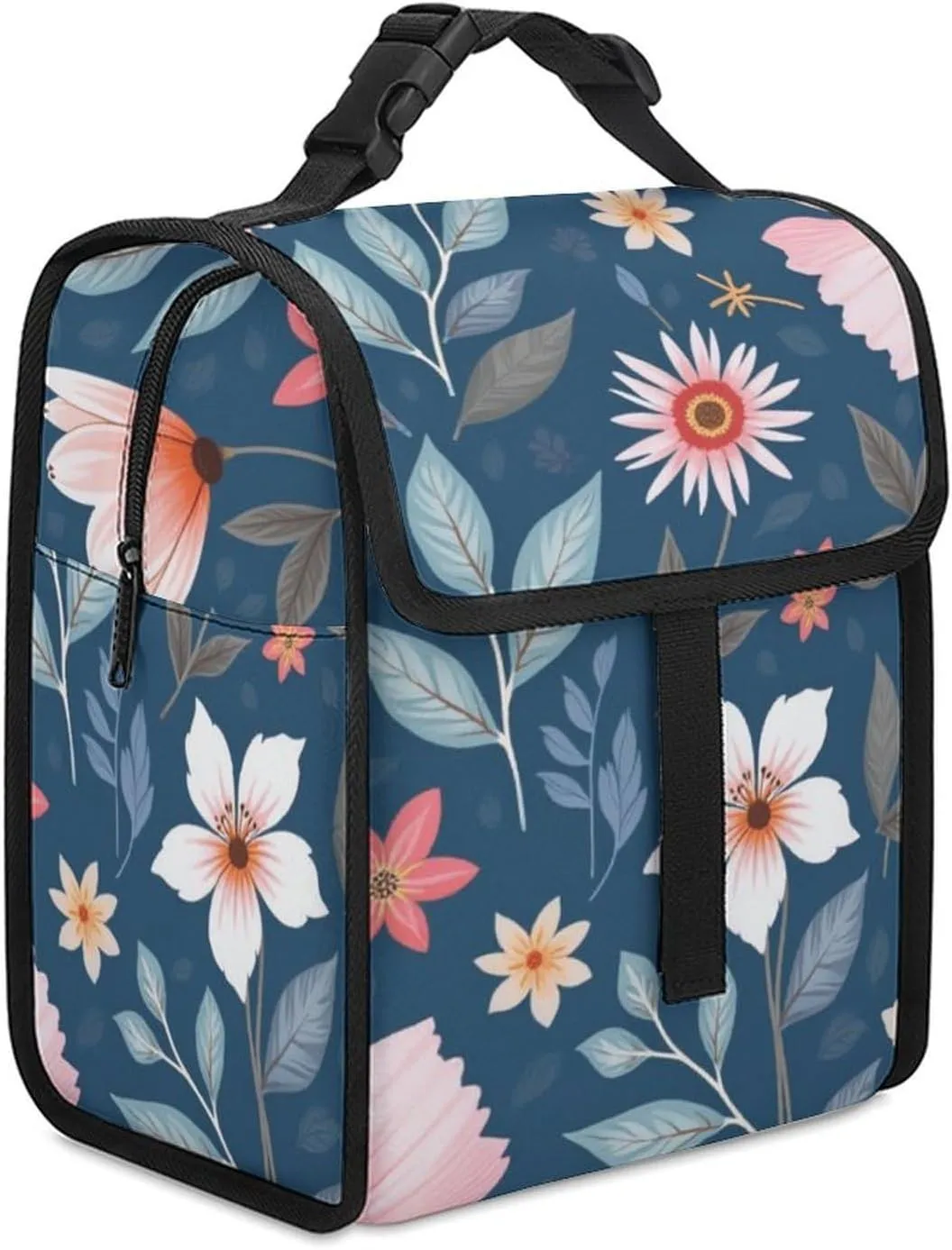 SWEET TANG Lunch Tote with Buckle - Insulated Reusable Work Office Bento Handbags Compatible with Floral Sweet Bouquets In Navy for Adults Men Women Leak-Proof Thermal