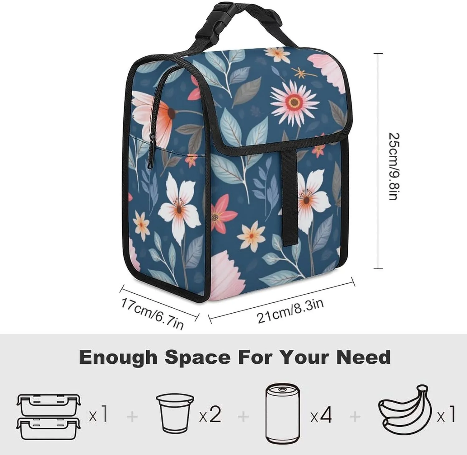 SWEET TANG Lunch Tote with Buckle - Insulated Reusable Work Office Bento Handbags Compatible with Floral Sweet Bouquets In Navy for Adults Men Women Leak-Proof Thermal